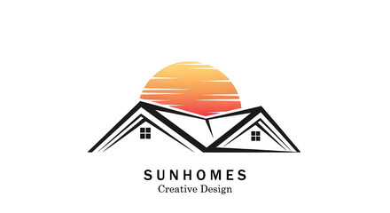 House roof line logo design vector icon symbol illustration with sunset.