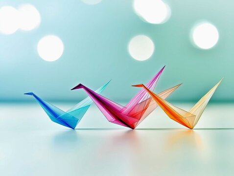 Three translucent origami cranes in blue, pink, and orange are lined up on a reflective surface against a soft blue background with bokeh lights.