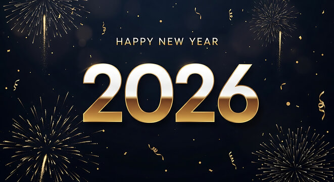 Sparkling golden 2026 numbers illuminated by fireworks and confetti on a dark festive background - Powered by Adobe