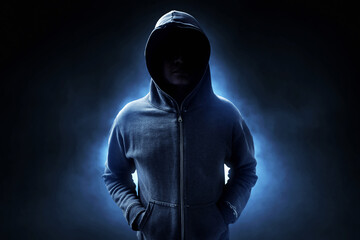 Hacker in hoodie on dark background