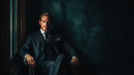 A man in a suit and tie is sitting in a chair