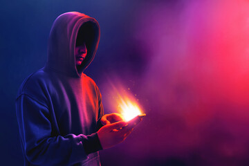 Hacker in hoodie using mobile phone with shiny glowing light effect on dark background