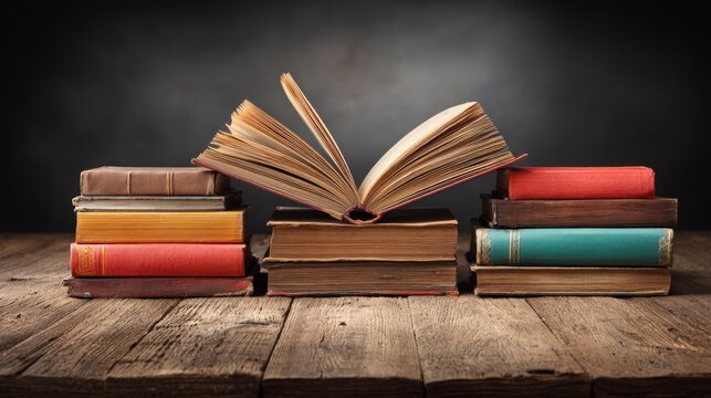 A stack of old books on a wooden table.