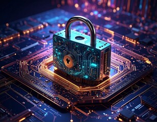 Digital padlock design over intricate computer circuit board