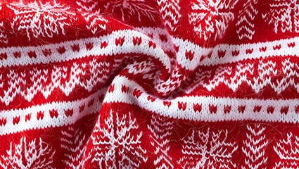 Red and white knit Christmas sweater holiday background texture detail