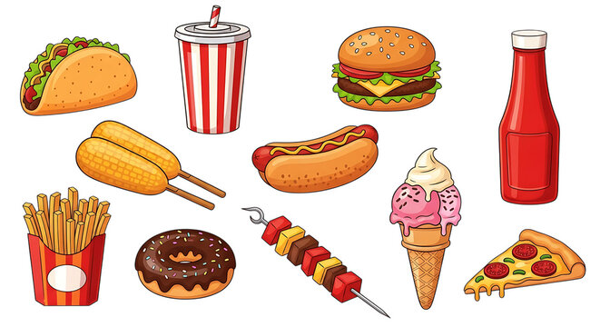 A vibrant collection of popular fast food items including tacos burgers fries and sweet treats on a black background