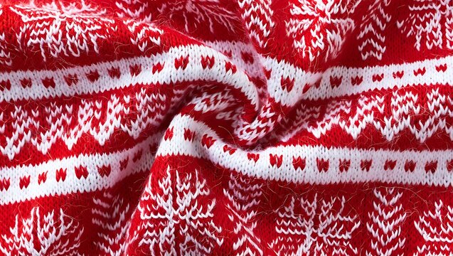 Red and white knit Christmas sweater holiday background texture detail