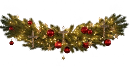 Christmas garland horizontal decoration with red ribbons and gold ornaments