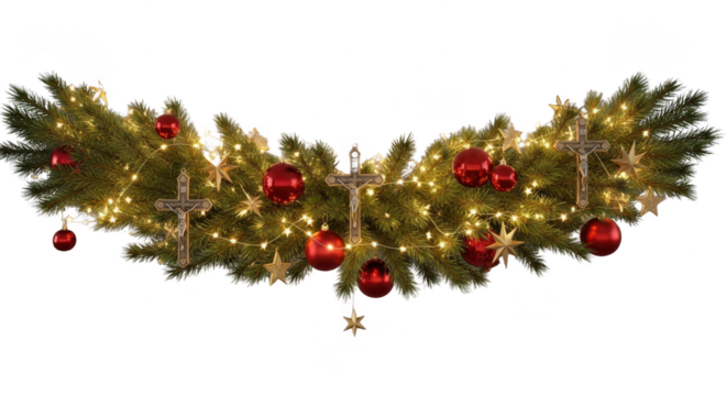 Christmas garland horizontal decoration with red ribbons and gold ornaments