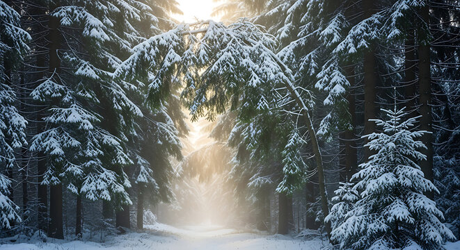 Sunlight streams through snow covered evergreen trees creating a magical winter forest path