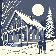 A couple stands in front of a snowcovered house under a full moon on a winter night
