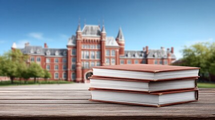 Naklejka premium Stack of books on a wooden table with a university building in the background.