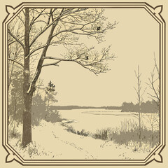 A winter landscape with a snowcovered tree and frozen lake in a vintage frame illustration
