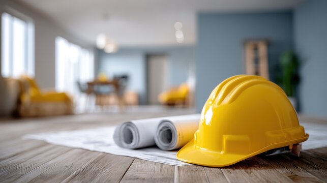 A yellow hard hat and rolled-up blueprints on a wooden floor in a spacious, modern living room with a blue wall and white ceiling.