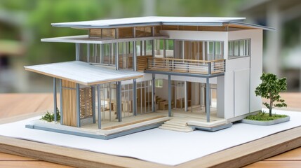 A modern architectural model of a house with glass windows and wooden accents.