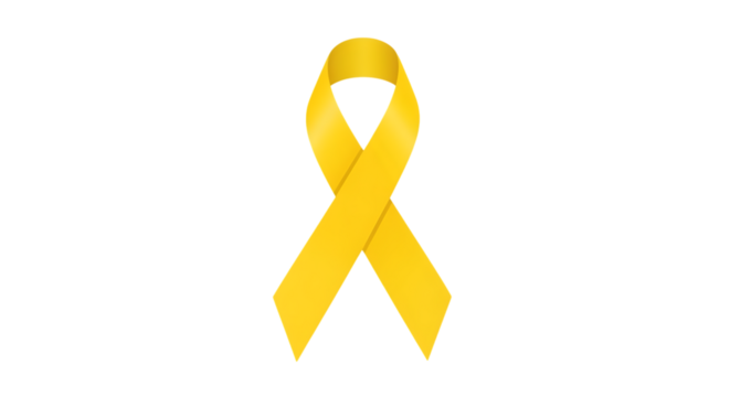 A single bright yellow awareness ribbon stands out against a stark black background symbolizing support and hope
