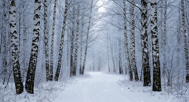 A tranquil snow covered path winds through a dense forest of birch trees on a cold winter day - Powered by Adobe
