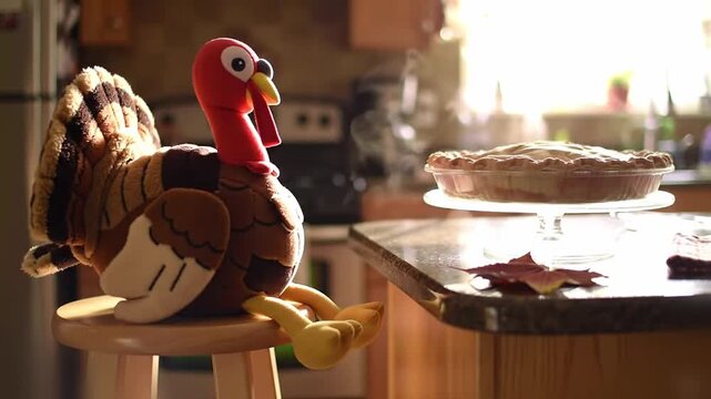 warm kitchen moment of a turkey plush perched on a wooden stool watching a cooling pie in late afternoon golden light