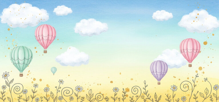 A colorful illustration of a pastel sky with hot air balloons and clouds, set against a yellow and green gradient background with a floral pattern.