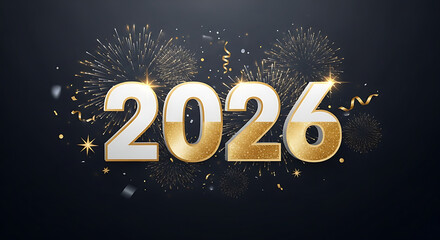 Sparkling golden 2026 numbers illuminated by fireworks and confetti against a dark background