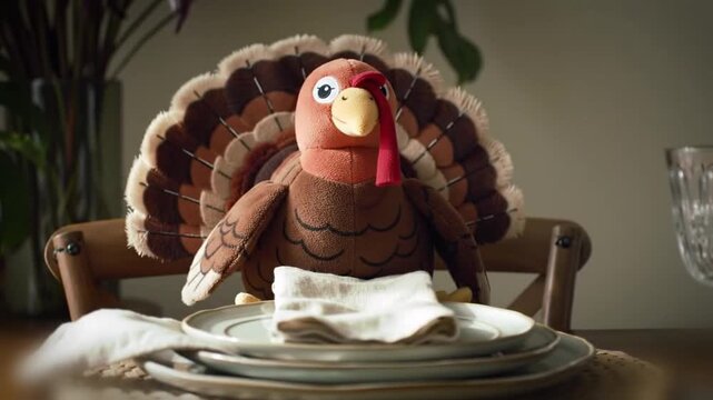 elegant tabletop closeup of a turkey plush set among ceramic dinnerware and soft linen, mood for intimate seasonal product shots