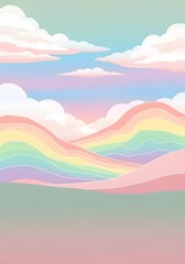 A pastel rainbow arches over rolling hills under a soft, cloudy sky, evoking a sense of fantasy and dreams
