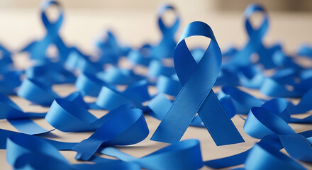 A multitude of symbolic blue awareness ribbons scattered across a surface representing support and solidarity for various causes