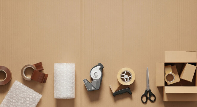 Various packing materials and tools on a beige background.
