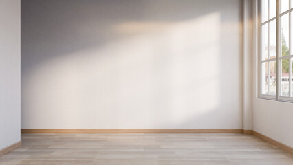Empty modern corridor hallway room with sunlight through window on white wall and wood parquet floor
