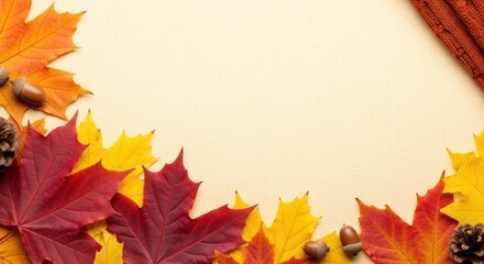 Autumn leaves and acorns on a beige background.