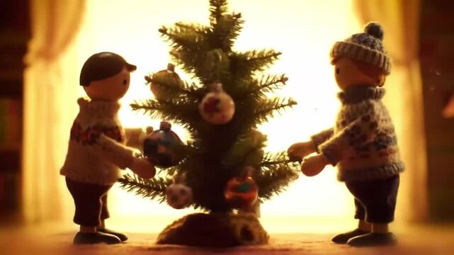 1960s stop motion style puppets in cozy sweaters decorating a small pine tree with handmade ornaments as dust motes drift in golden lamplight