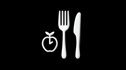 Minimalist white apple with clock and cutlery icons, symbolic of healthy eating or meal planning, on a stark black background