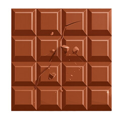 A solid milk chocolate bar with neatly divided squares and a small crack on the surface.