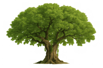 Large green tree with lush foliage and a thick trunk root system showing vitality and growth on a transparent background