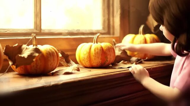 Animation of a child arranging pumpkins and dried leaves along a mantle while golden sunlight warms textured brushstroke details