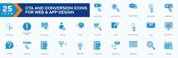 CTA and Conversion icons collection vector images Duotone Set,
containing several invoice, presentation, budget planning, performance review, email and more.
for Web icons set.