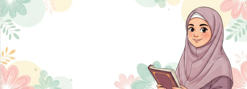 A girl in a purple hijab reading a book with a colorful floral background. - Powered by Adobe