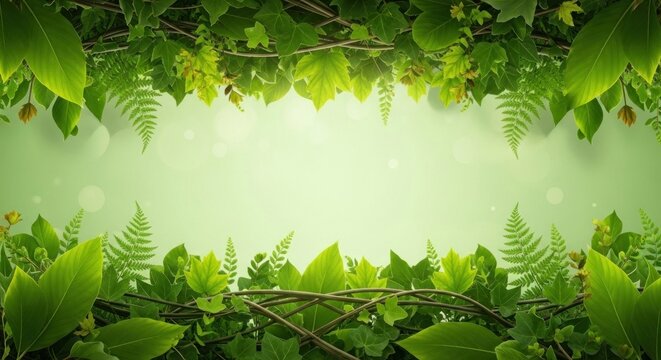 A vibrant green leafy border with a light green background, featuring a variety of green leaves and ferns.