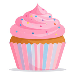 A cute cartoon cupcake with pink frosting, colorful sprinkles, and a striped pink blue wrapper.