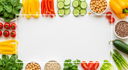 Fresh colorful vegetables and grains arranged around a white frame on a white background, perfect for healthy eating concepts.