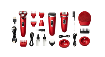 Collection of red personal grooming devices and accessories displayed against a black background