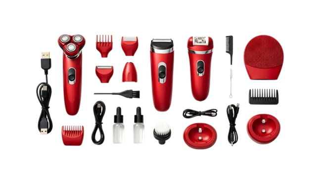 Collection of red personal grooming devices and accessories displayed against a black background