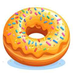 A delicious cartoon-style donut with caramel frosting and colorful sprinkles on top.