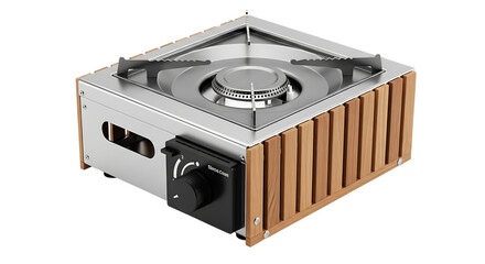 Compact portable camping stove with wooden accents and single burner for outdoor cooking adventures