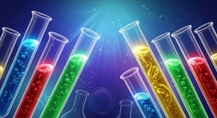Test tubes with colorful liquids in a laboratory setting.