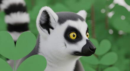 Naklejka premium Close up of a ring tailed lemur with yellow eyes amidst green leaves and blurred background