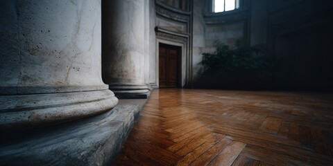 Fototapeta premium Large, empty room with wooden floors and pillars