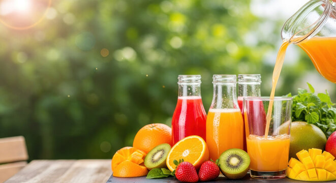 Fruit juice being poured into a glass with fresh fruits around it.