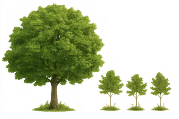 Tree growth stages showing evolution from young saplings to mature plant with green leaves on transparent background