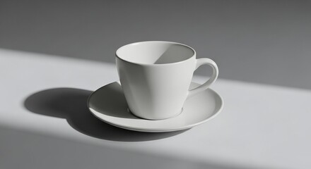 A simple still life featuring a white cup and saucer set against a bright white background with shadows